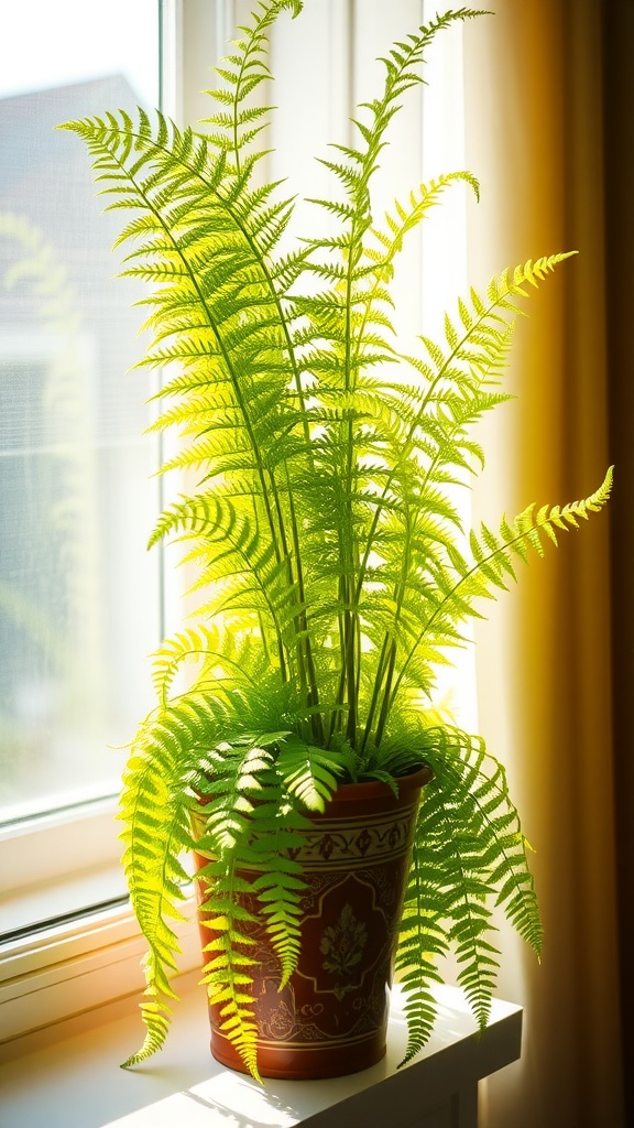 A vibrant asparagus fern in a decorative pot on a windowsill, with bright green fronds and soft sunlight.